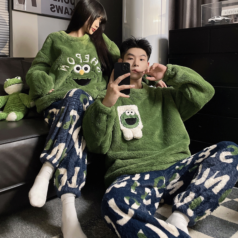 情侣睡衣女冬季珊瑚绒男士法兰绒长袖春秋加绒加厚冬款家居服套装