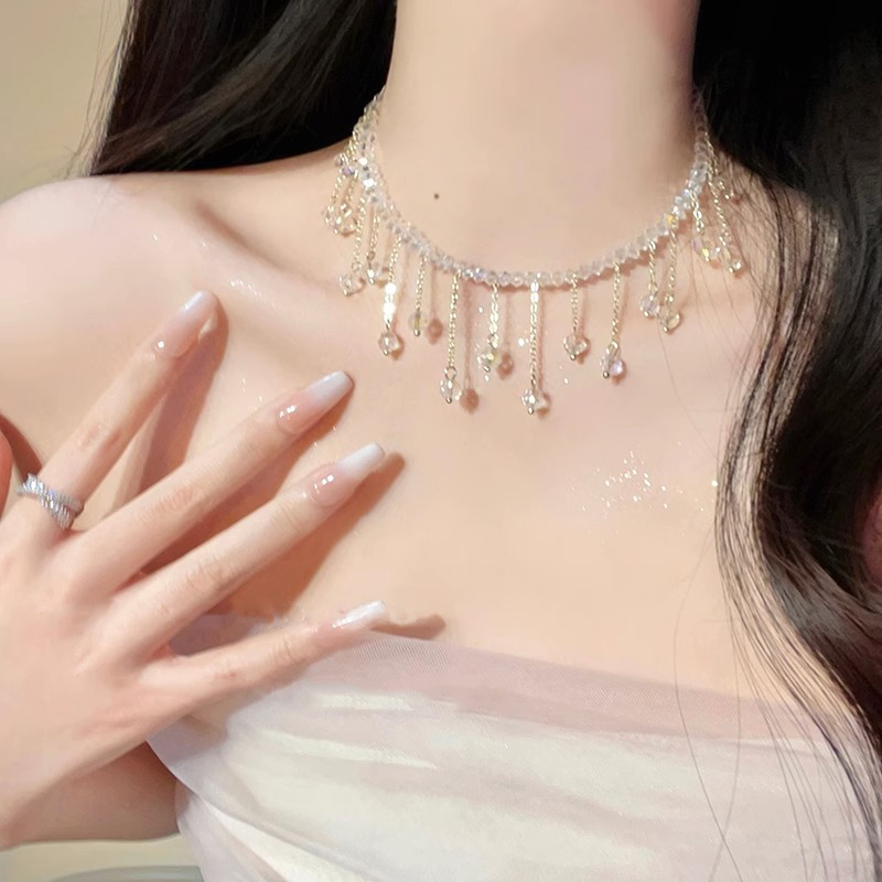 白月光~轻奢小众高级超闪流苏透明锁骨链气质闪钻仙气项链女
