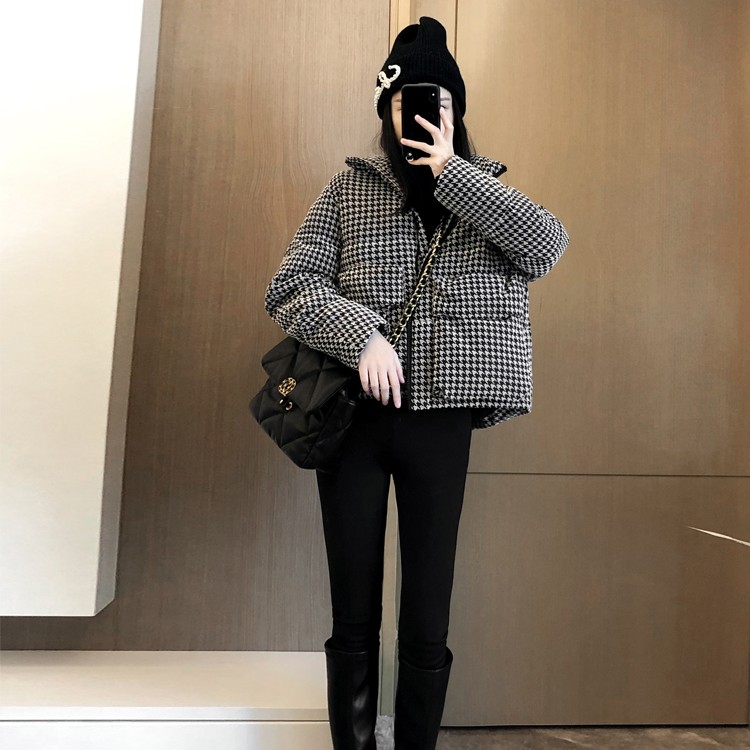千鸟格棉服女冬短款2023年新款设计感小个子棉袄小众加厚棉衣外套