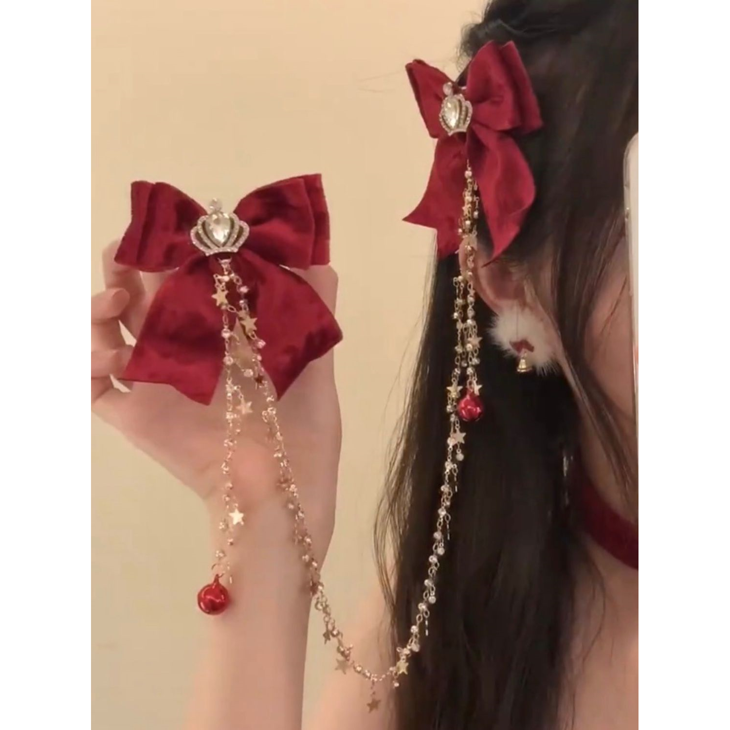 新年款红色铃铛皇冠蝴蝶结发夹流苏链条发夹头饰侧边夹发饰