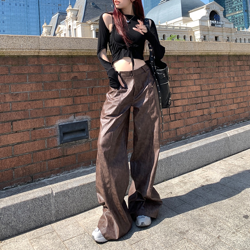 秋冬2023新款美式复古高腰宽松直筒棕色皮质做旧拼接休闲阔腿裤女