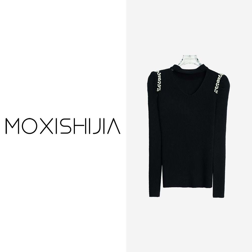 X24539-1【苏琳琳】设计感镂空圆领气质百搭显瘦珍珠黑色打底3D