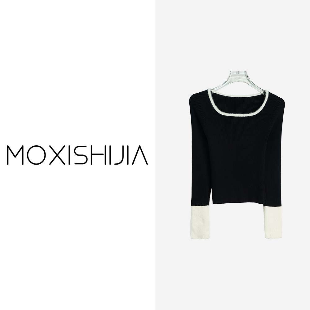 X24530-1【苏琳琳】法式方领内搭打底复古修身显瘦撞色毛衣3Q