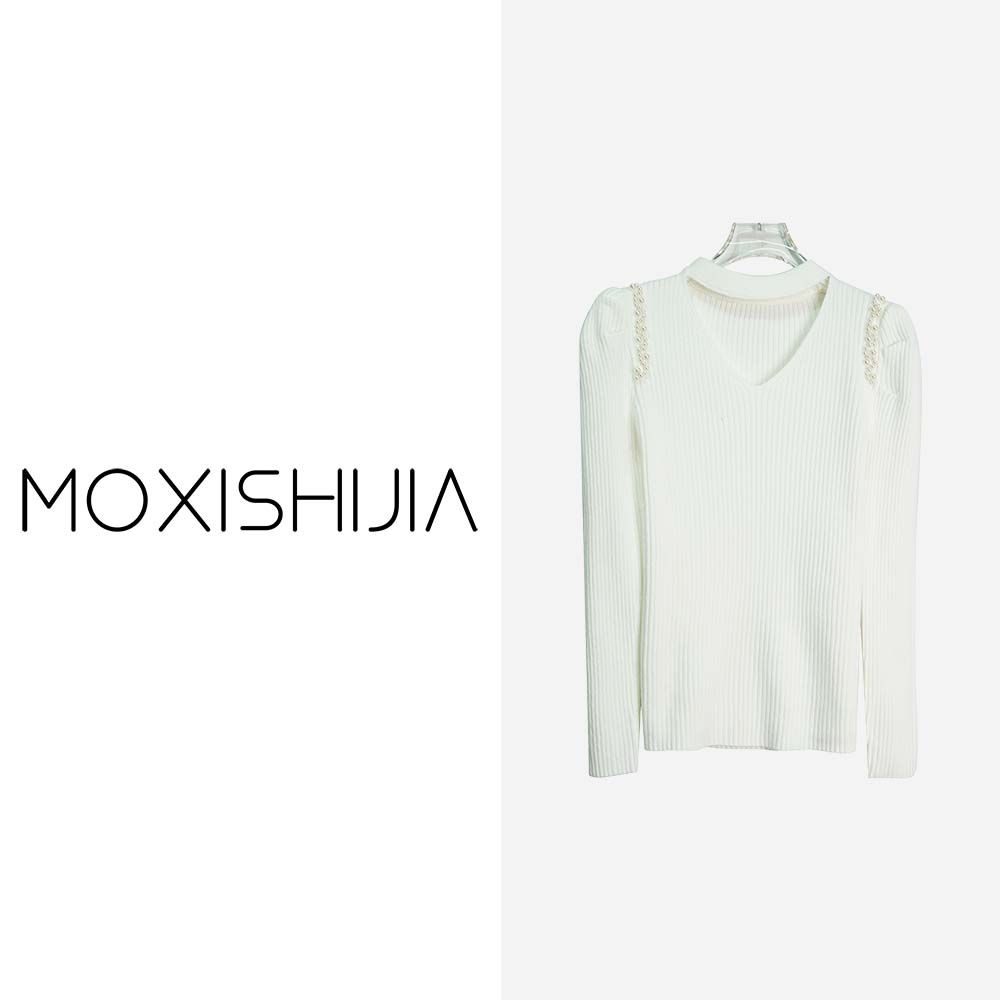 X24539-1【苏琳琳】设计感镂空圆领气质百搭显瘦珍珠白色打底3D