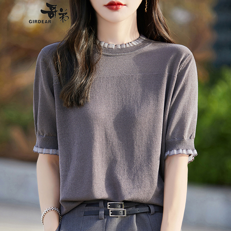 哥弟木耳边针织短袖女士百搭气质通勤简约上衣显瘦洋气镂空薄款