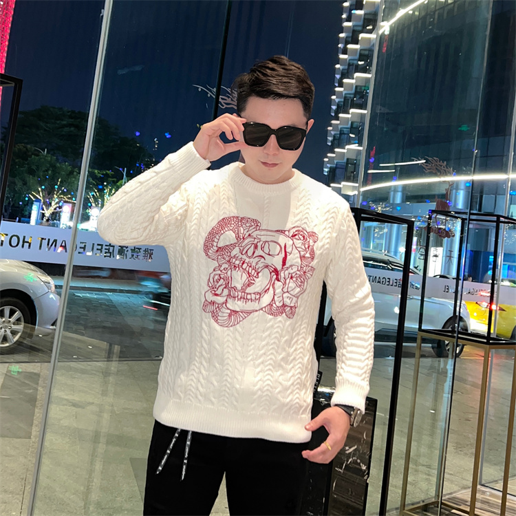 2023秋季新款欧货骷髅蛇玫瑰刺绣时尚潮流百搭男士圆领潮牌毛衣