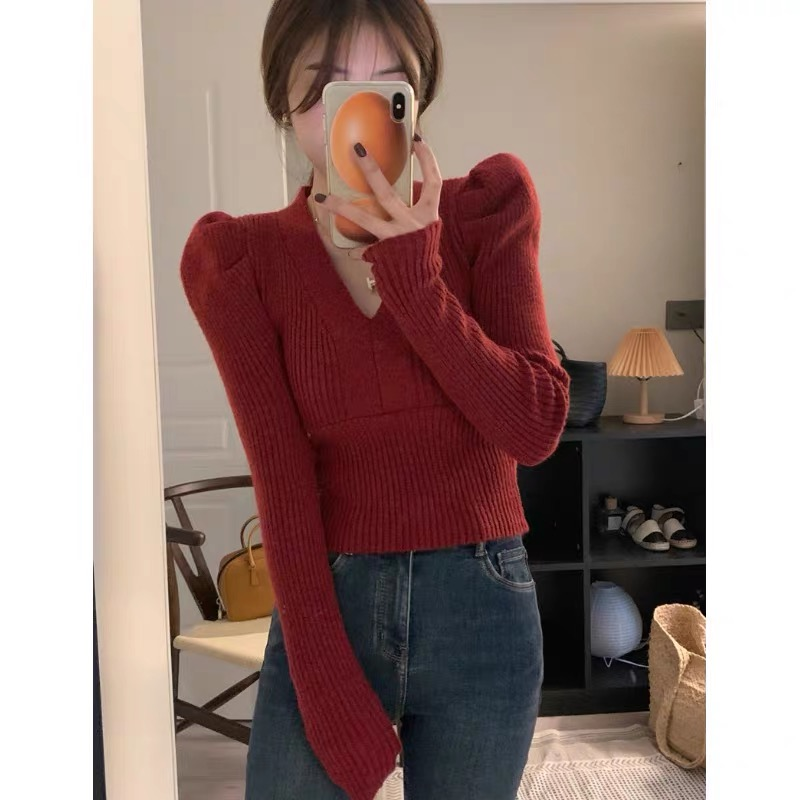 秋冬女装针织打底小众毛衣复古泡泡袖高级感上衣气质百搭时尚外穿