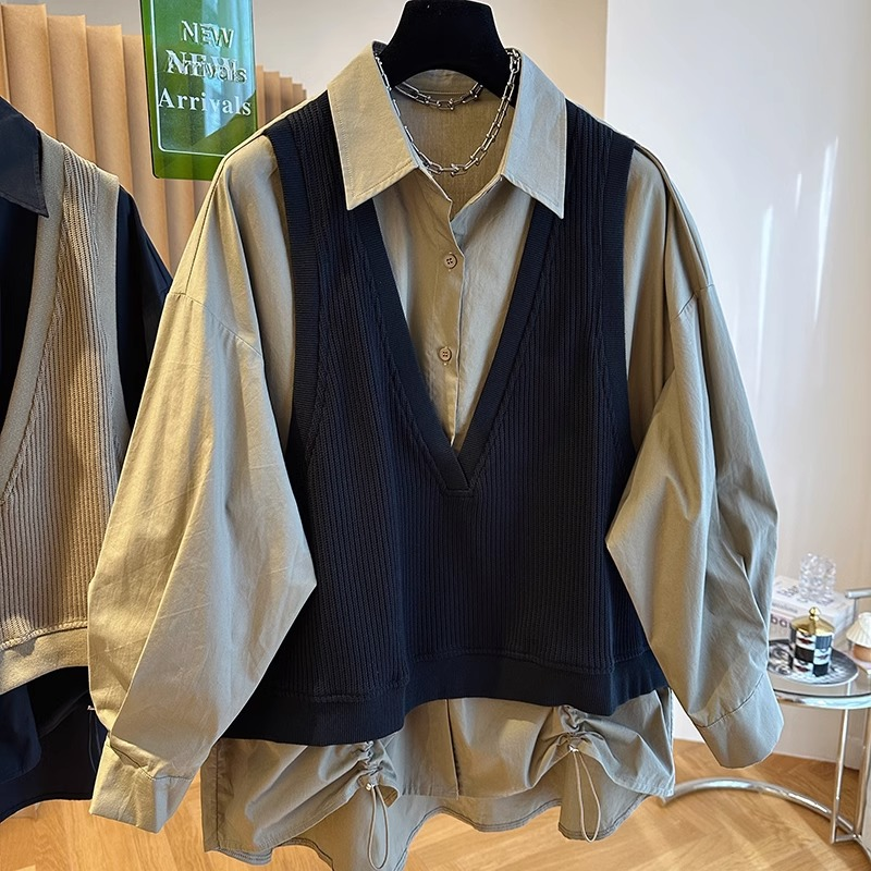 大码胖mm韩版遮肚显瘦针织马甲拼接衬衫女秋季韩版叠穿假两件上衣