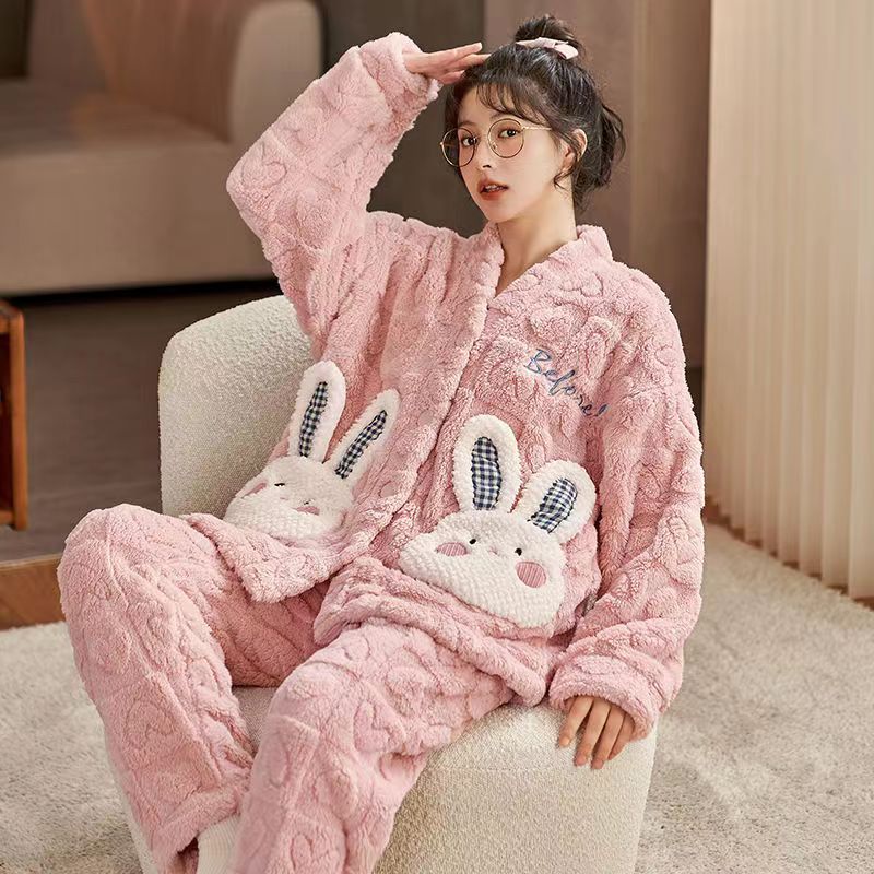 学院甜美风秋冬季加绒睡衣女加厚可外穿卡通小兔家居服套装法兰绒