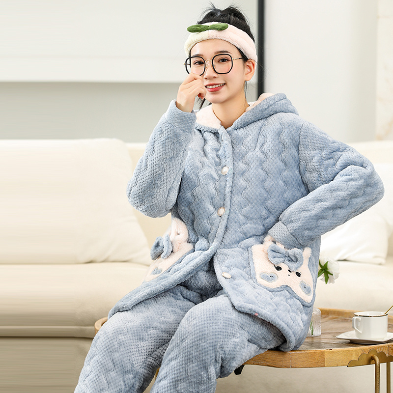 女士秋冬网红款6209保暖睡衣加绒加厚三层夹棉家居服套装可外穿