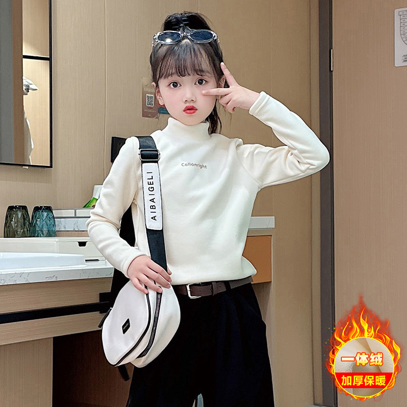 女童秋冬半高领加绒字母打底衫2023新款儿童时髦上衣大童长袖卫衣