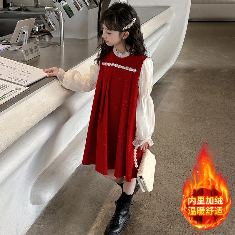 女童裙子秋冬装2023新款中大童拜年服连衣裙小女孩加绒红色公主裙