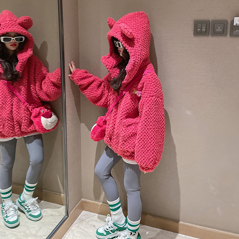 女童毛毛衣外套秋冬装2023新款女孩儿童夹棉加厚羊羔绒洋气上衣潮
