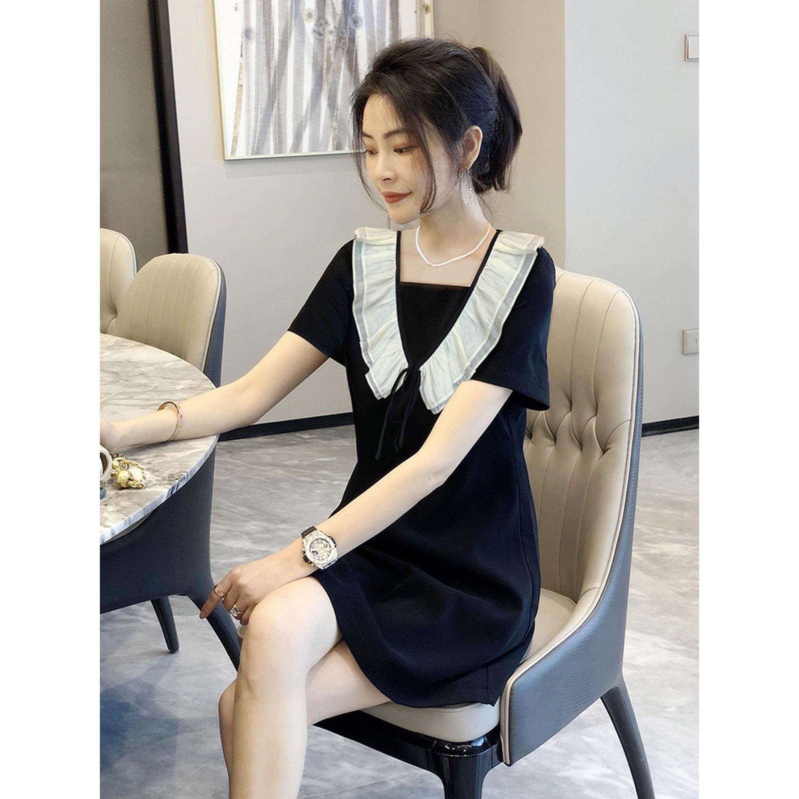 方领法式连衣裙高腰显瘦荷叶边气质高端裙子女夏季2023新款欧货