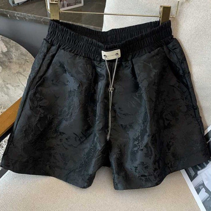 高端黑色花纹休闲女夏季短裤高腰A字阔腿花苞松紧腰宽松灯笼裤ins