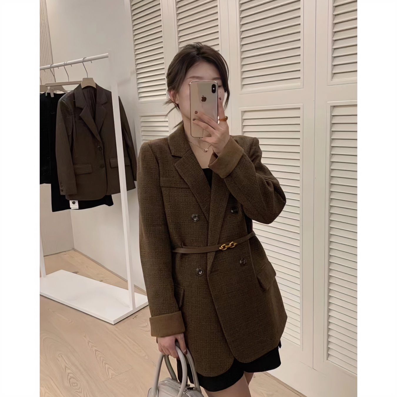 2023秋冬季新款韩版暗格休闲毛呢外套宽松双排扣收腰小西装外套女