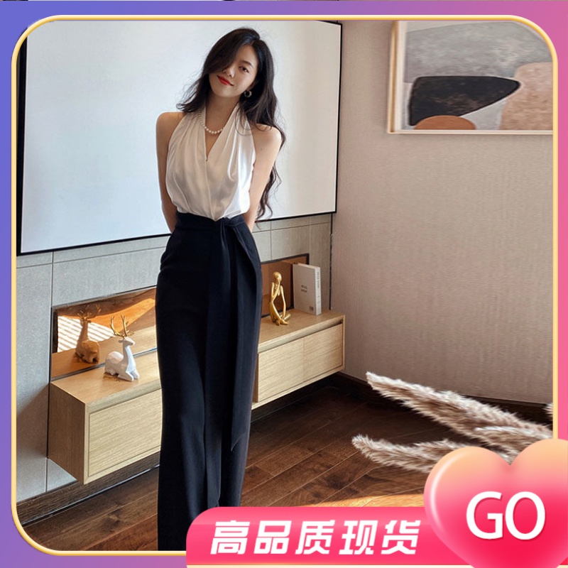 【现货】法式赫本风时尚气质高级感黑白撞色挂脖连体裤阔腿裤长裤