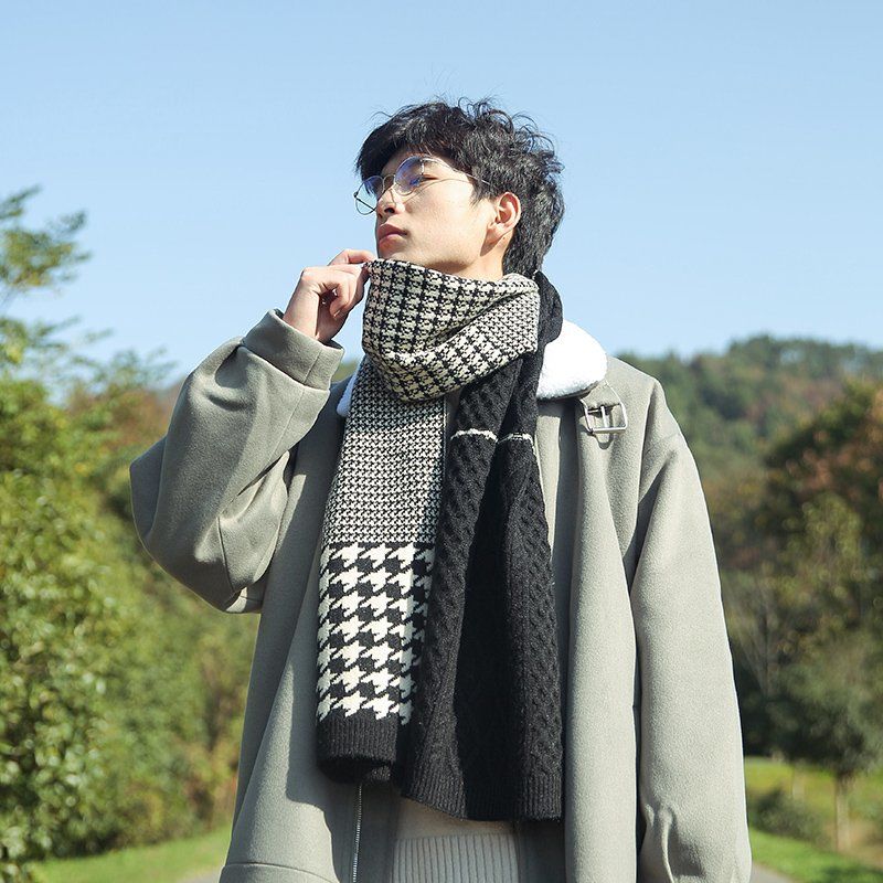 新款围巾男士秋冬季韩版百搭千鸟格情侣脖套女加厚保暖围脖送男友