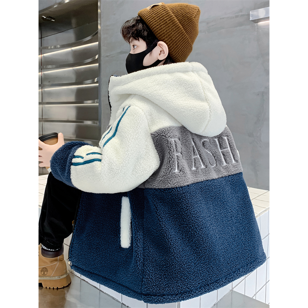 巴拉恩男童羊羔绒外套秋冬装儿童加绒棉衣2023新款中大童男孩