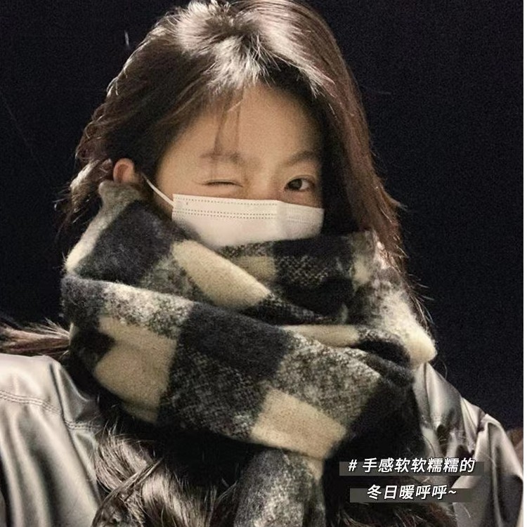 MT秋冬新款网红韩版百搭格子双面加厚保暖围巾情侣学生针织秋冬季