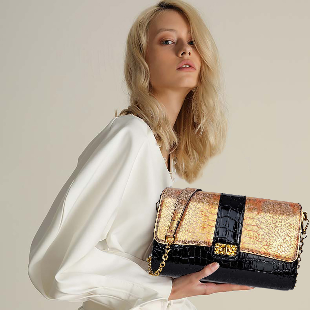 【燕子补贴】新款时尚百搭轻奢蟒纹真皮单肩包斜挎包9065黑色