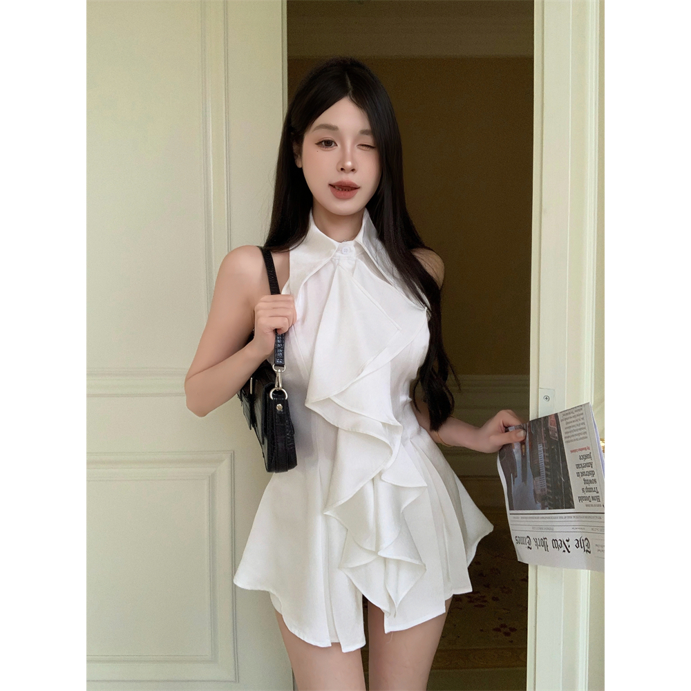 法式甜辣风白色荷叶边衬衫女2024春夏季性感挂脖吊带打底衫时尚风