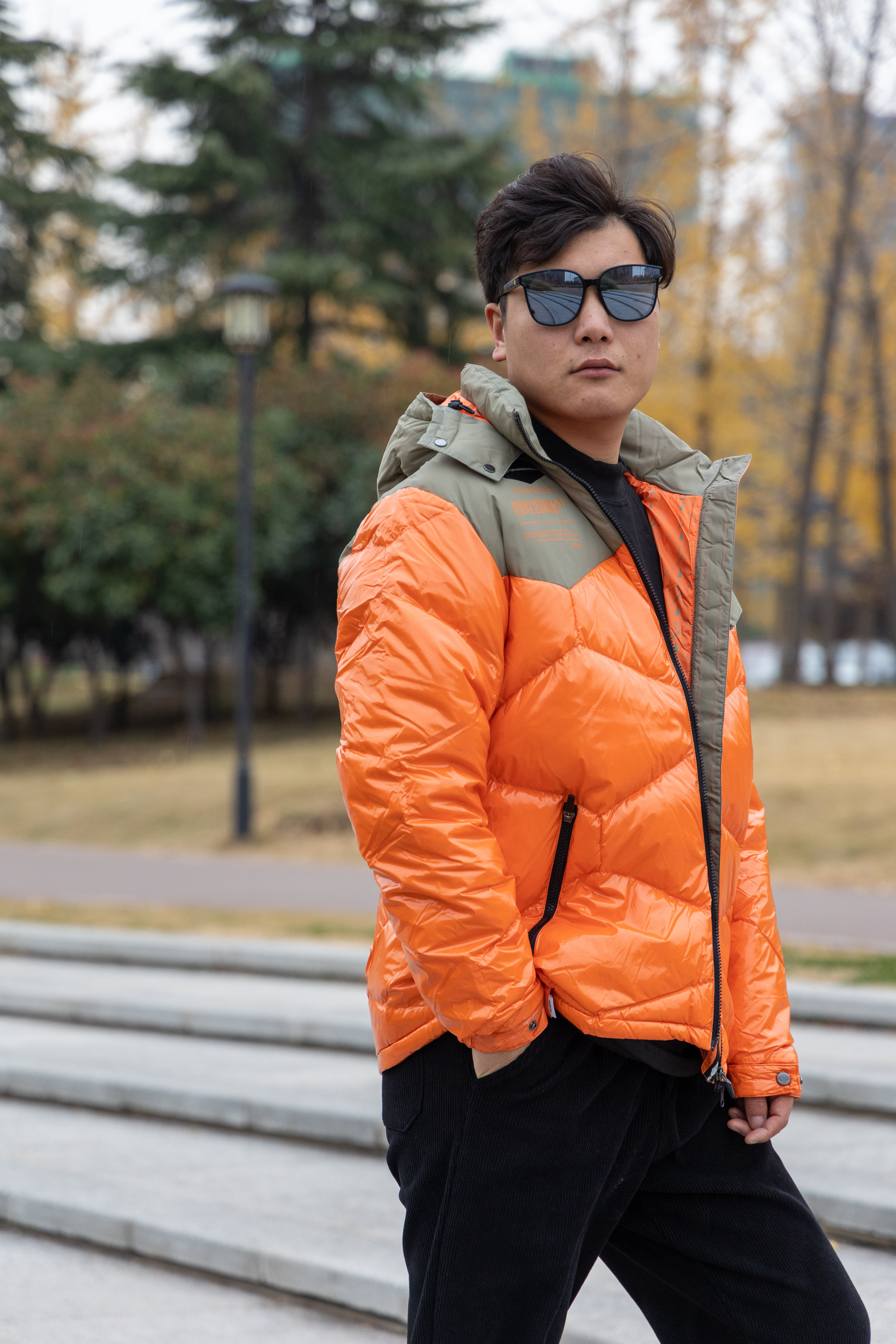 橙色拼接加厚棉服外套175471-835