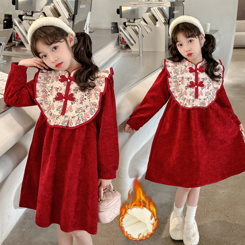 女童秋冬加绒连衣裙时尚洋气大童新年红色公主裙子女孩拜年服冬装