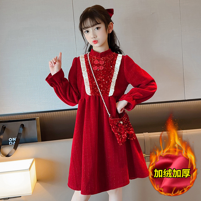 女童连衣裙2023新款秋冬装女孩加绒红色裙子新年过年公主裙秋冬季