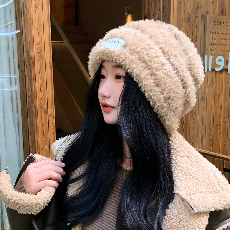 条纹毛绒包头帽子女秋冬日系百搭加厚保暖针织帽显脸小护耳毛线帽
