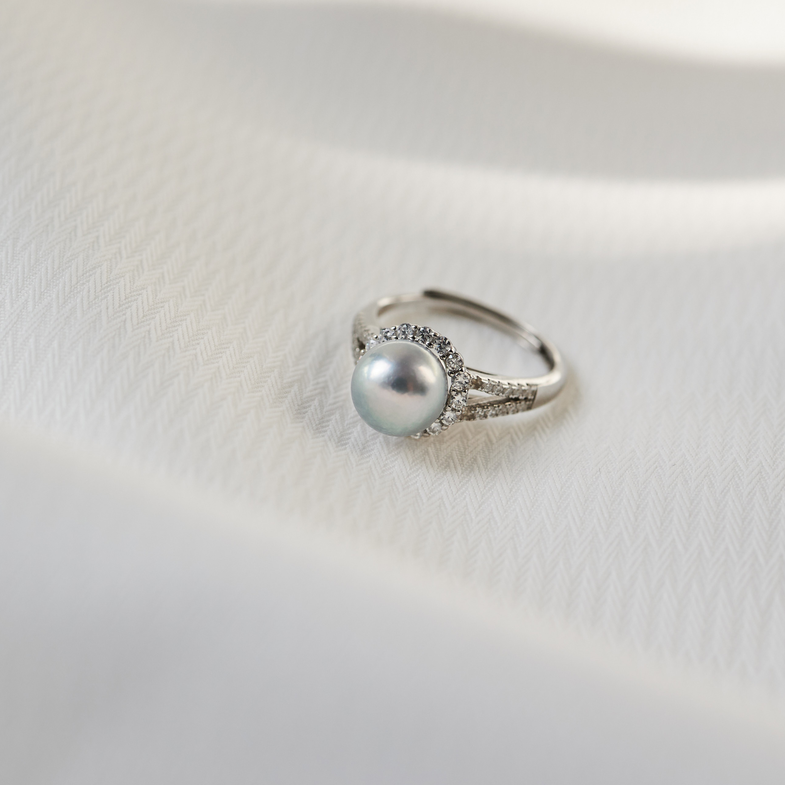 海水AKOYA真多麻珍珠 S925银 太阳花款灰珍珠戒指 开口戒 8-9MM