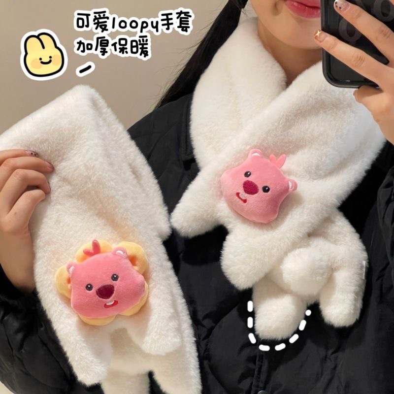 可爱小海狸毛绒围巾女学生冬季百搭保暖高颜值交叉围脖露比围脖