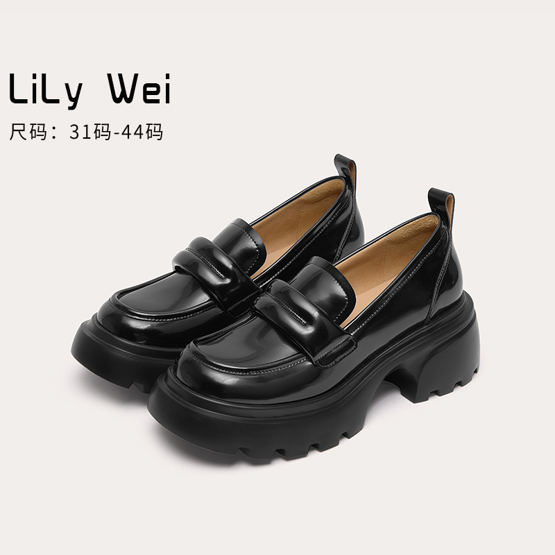 Lily Wei学院风乐福鞋粗跟不累脚小皮鞋增高松糕底单鞋大码41-43