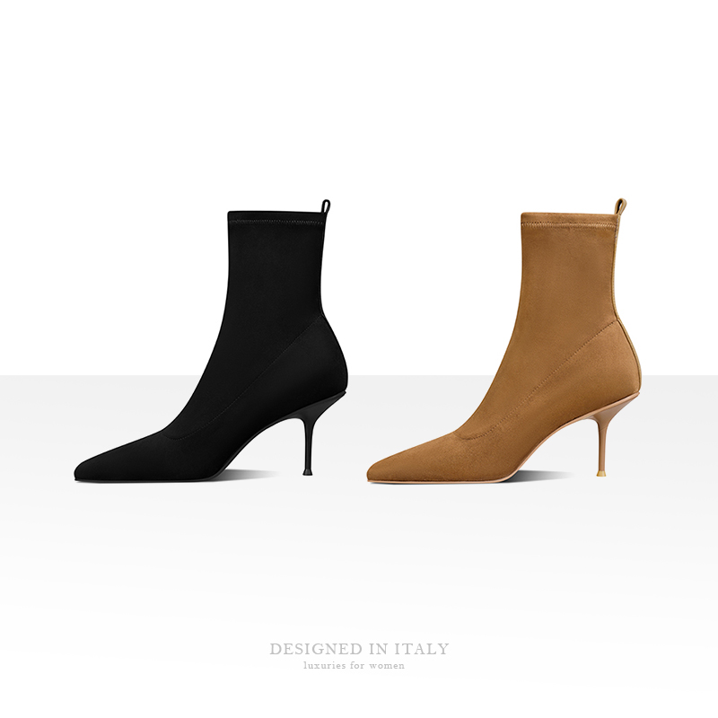 【跟高7cm】2023冬季新款靴子尖头高跟鞋细跟弹力瘦瘦短靴女百搭