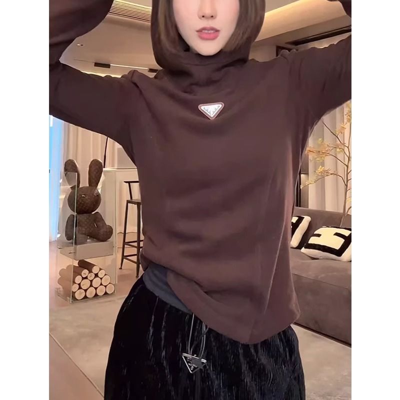 澳绒连帽长袖T恤女2023秋冬新款三角标潮流百搭保暖大码打底衫潮