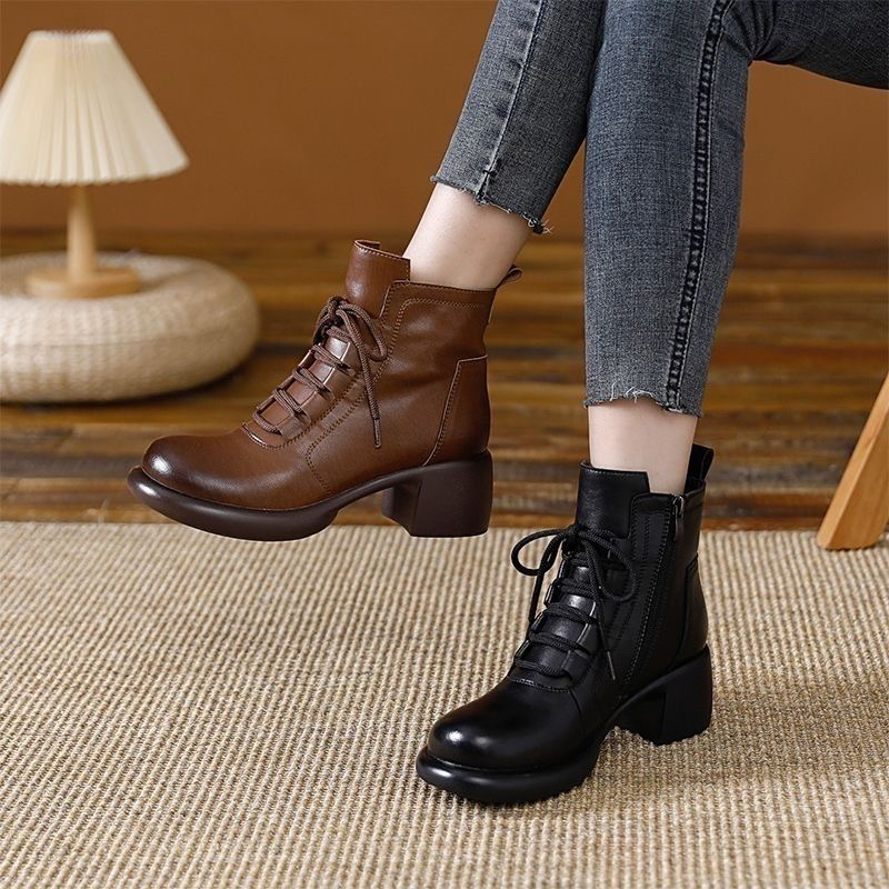 【秋冬热卖】英伦复古高跟马丁靴女粗跟侧拉链气质小个子短靴QL542
