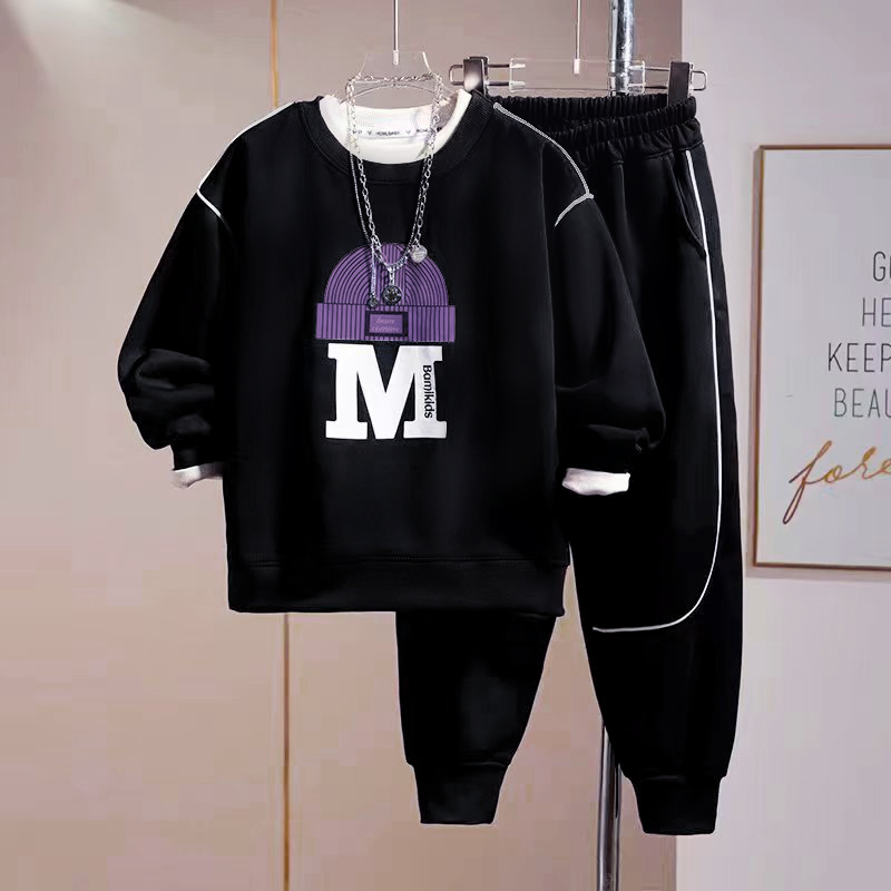 Y081739男童大童春秋季字母印花帅气卫衣休闲运动宽松两件套套装