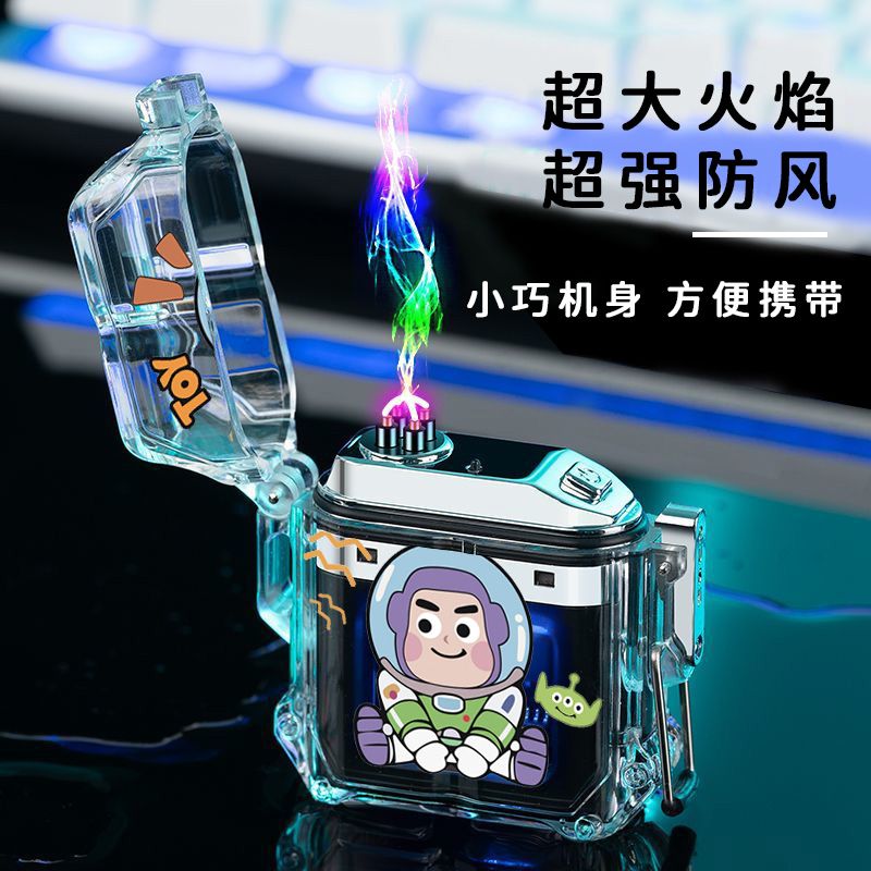 LED闪灯巴斯光年双电弧充电打火机男士透明防水草莓熊电子黑科技