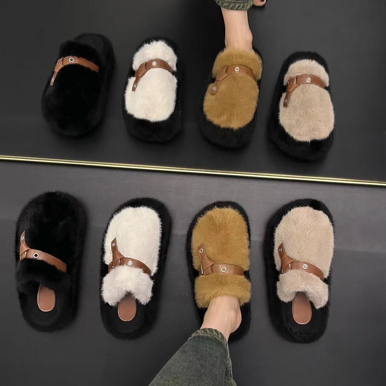 2023年秋冬季新款包头拼色皮带扣精致百搭时尚外穿厚底女毛毛拖鞋