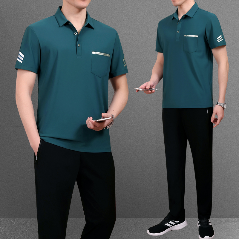 中老年休闲运动套装男夏季新款冰丝短袖t恤长裤中年爸爸夏装套装