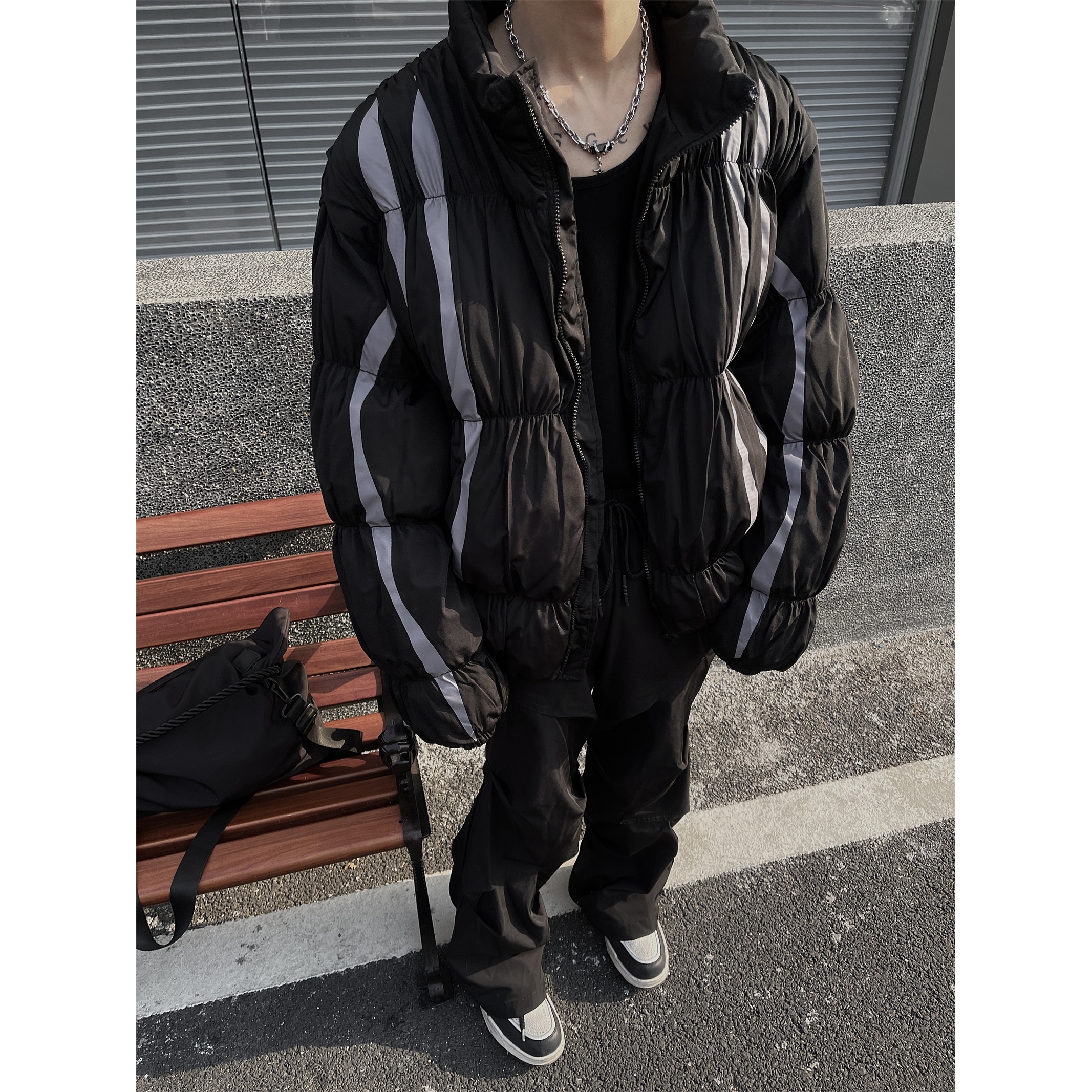 不规则设计菱形格棉衣外套oversize国潮立领短款面包服超轻棉服男