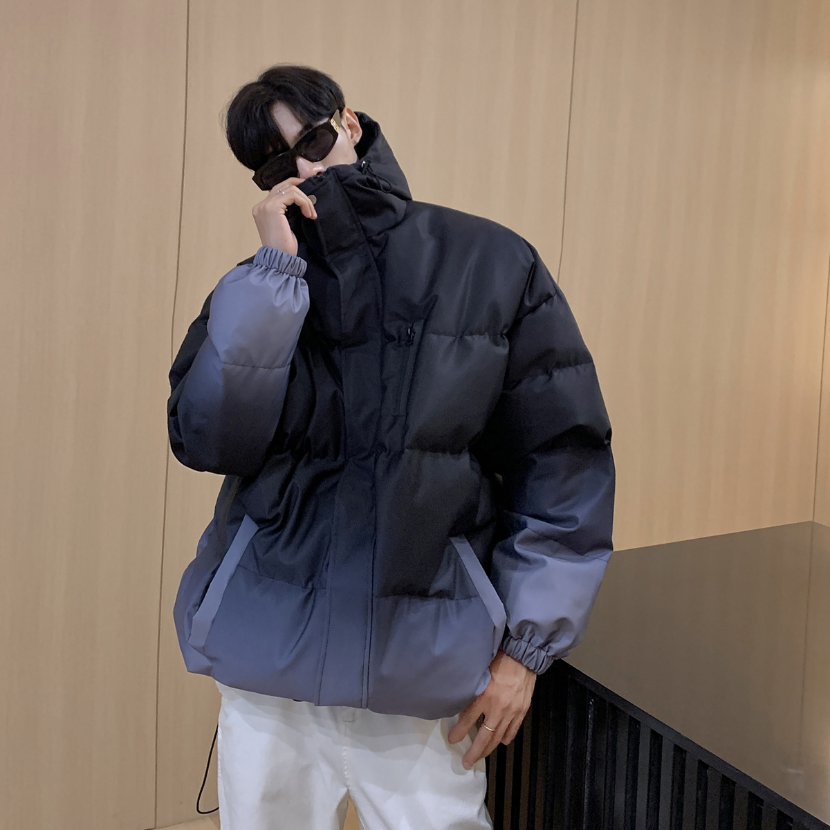 扎染渐变色连帽棉衣男加肥大码宽松潮冬季高级感保暖防寒棉服外套