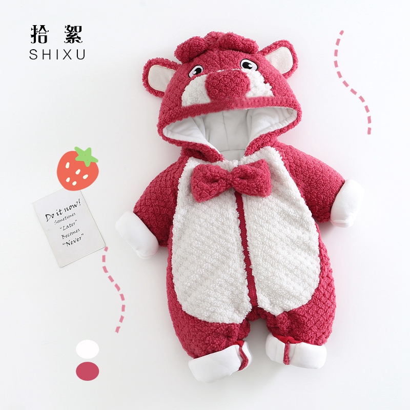 百天婴儿衣服加厚连体衣宝宝夹棉哈衣爬服冬装保暖毛毛衣外出抱衣