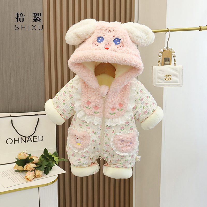 婴儿衣服秋冬装加绒连体衣女宝宝超萌公主哈衣加厚毛毛衣棉衣外套