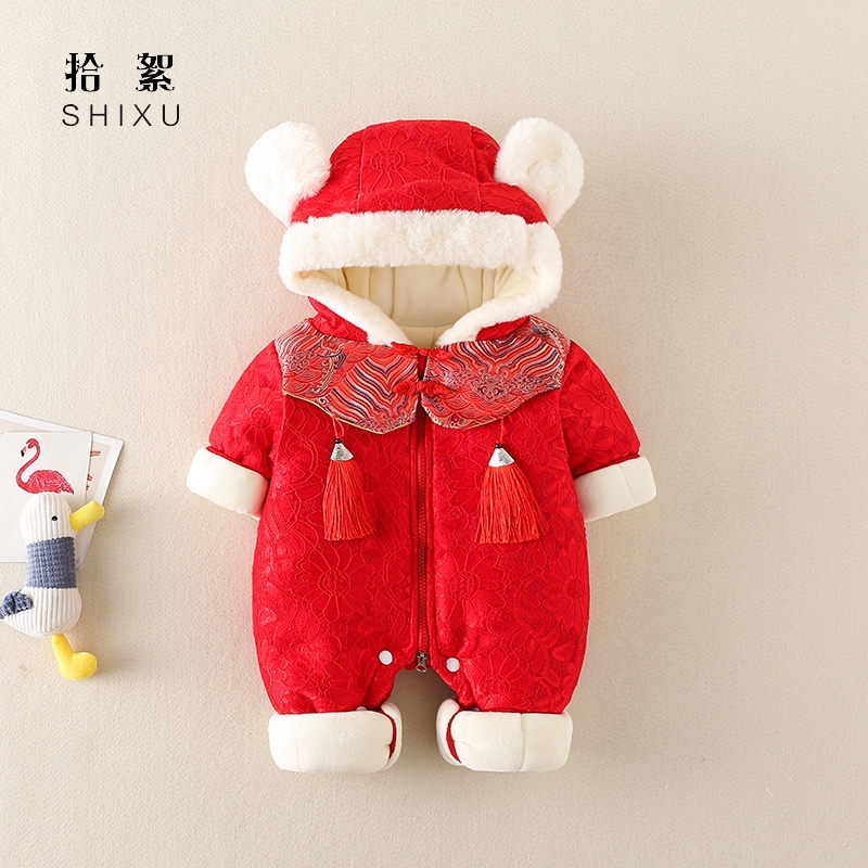 超萌婴儿衣服冬装加绒连体衣女宝宝红色喜庆新年装公主拜年服棉衣