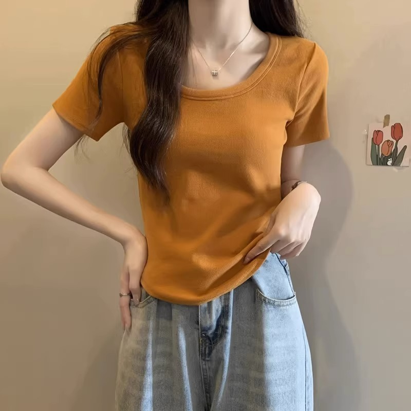 纯欲风性感u领南瓜橘正肩短袖T恤女夏不规则下摆螺纹棉收腰上衣服