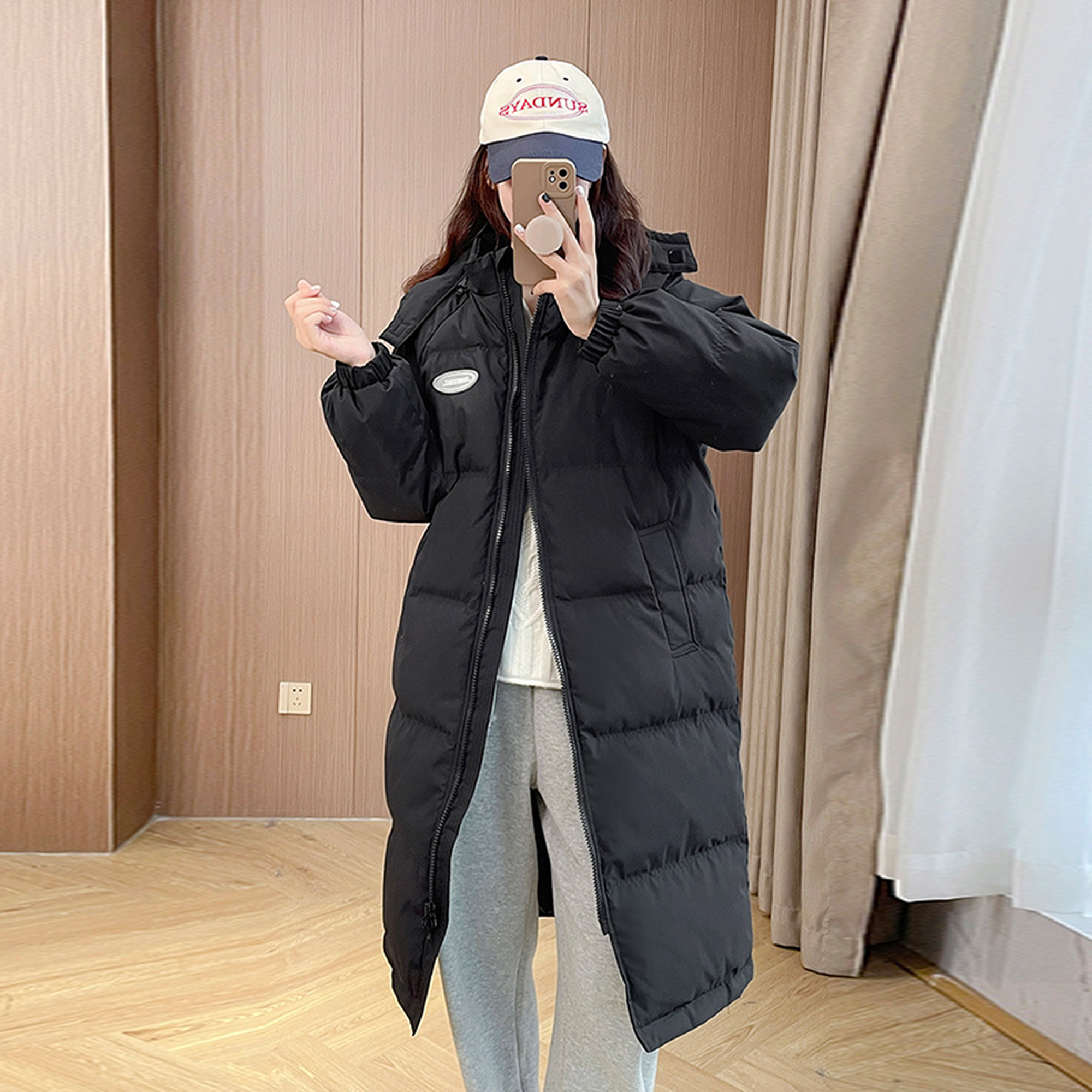 【606】长版黑色棉服女2023新款中长版韩版过膝加厚冬季外套面包服