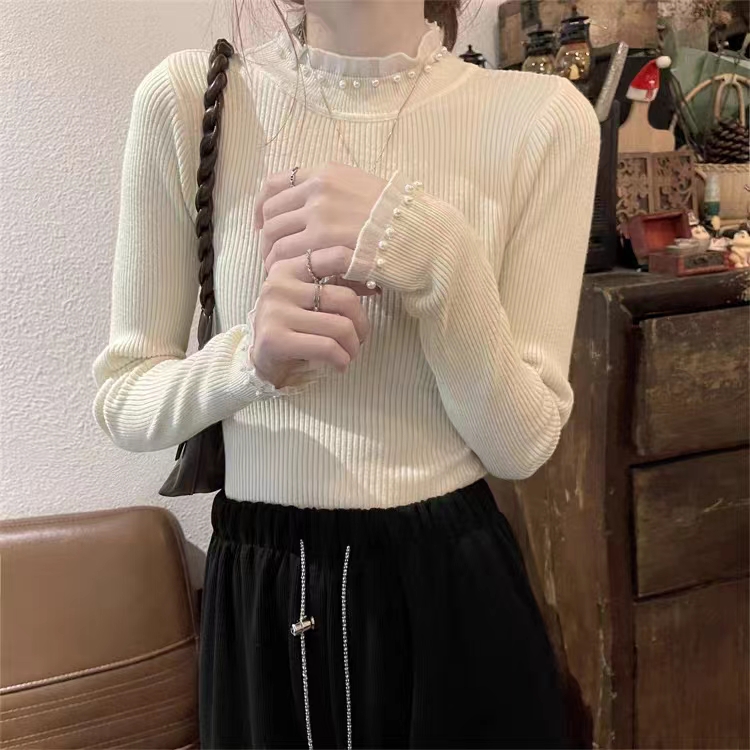 半高领套头毛衣女新款蕾丝珍珠性感修身打底衫韩版弹力上衣女秋冬