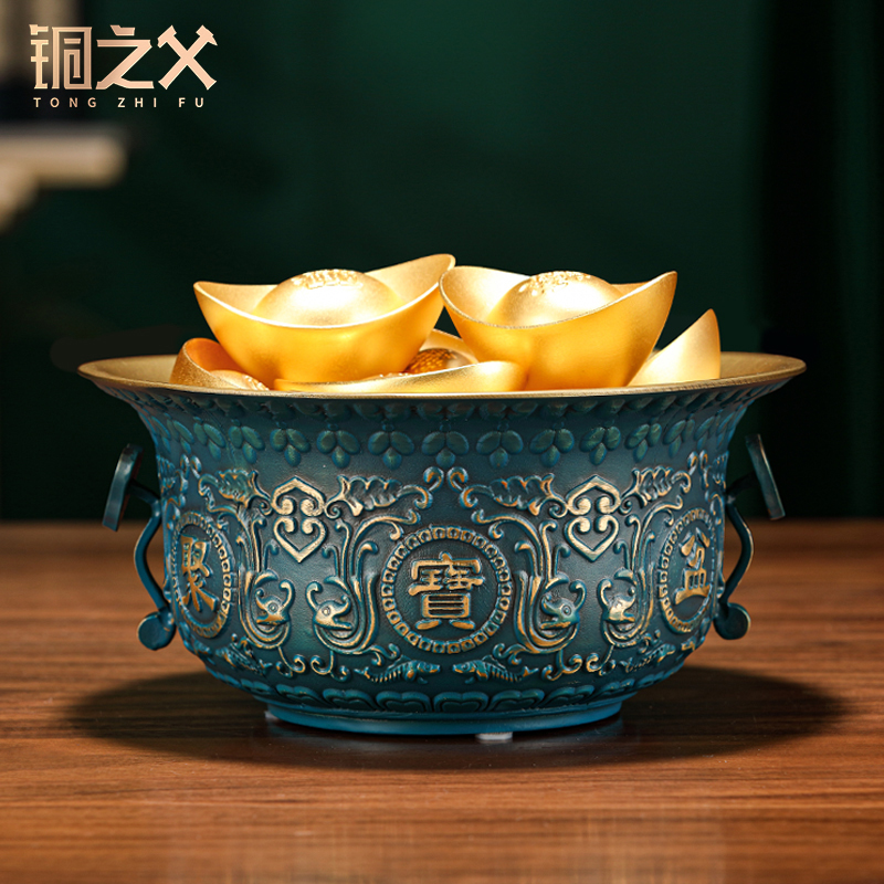 铜之父【如意聚宝盆】纯铜工艺品摆件店铺装饰办公桌摆设开业礼品