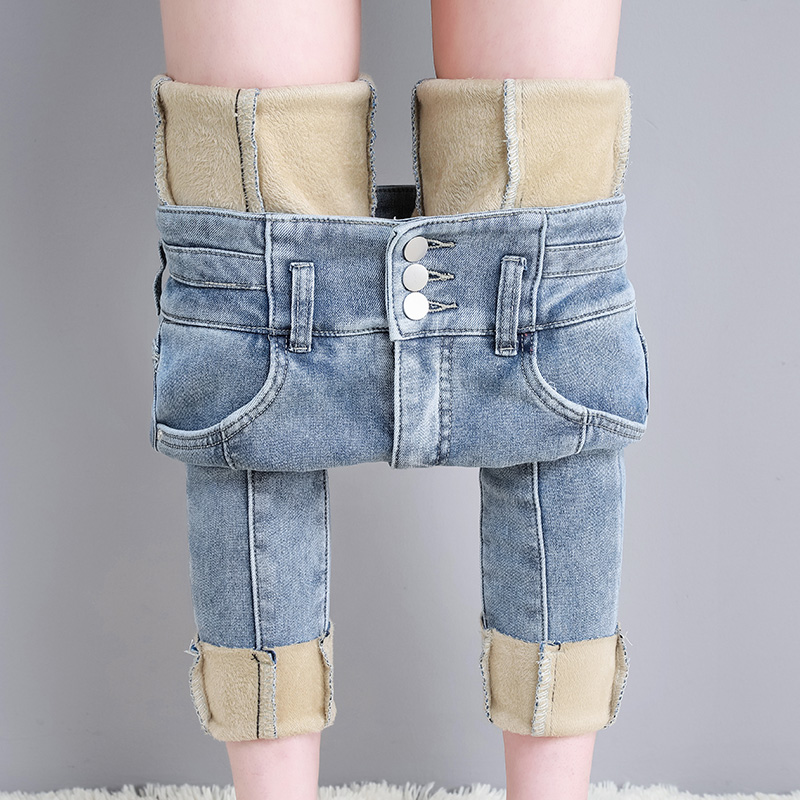 爆款高腰加绒牛仔裤女秋冬2023新款百搭修身显瘦紧身小脚铅笔裤子